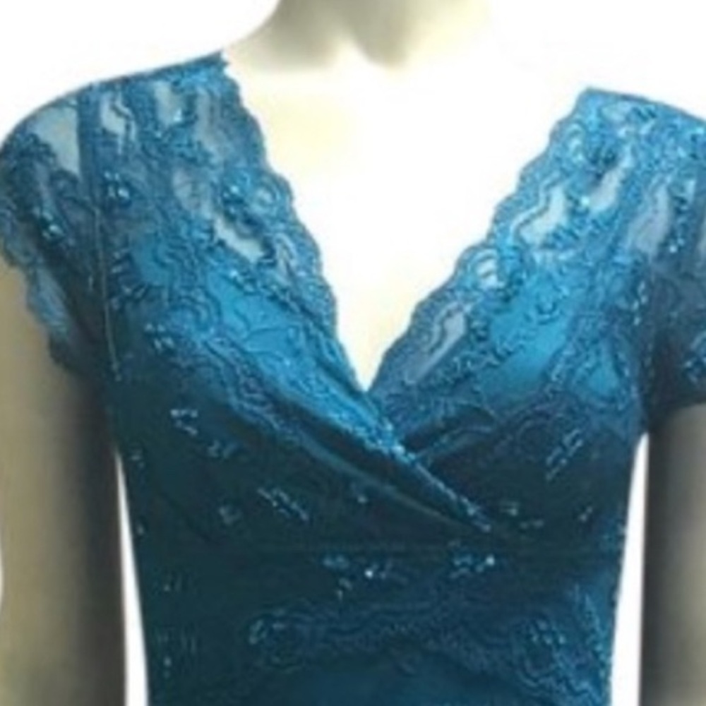 vintage dress short sleeves v neck teal blue shimmiring sequins lining lace